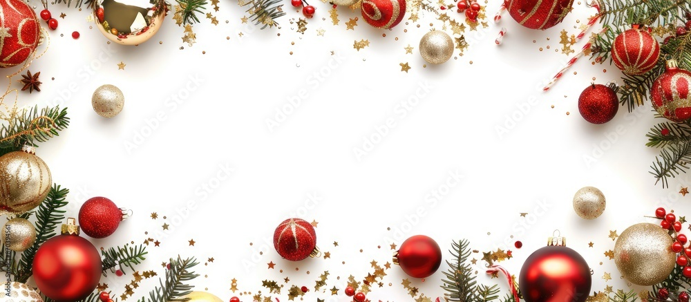 Poster Christmas themed image with ornaments and decorations set against a blank white backdrop with ample space for additional content or text, commonly referred to as copy space image.