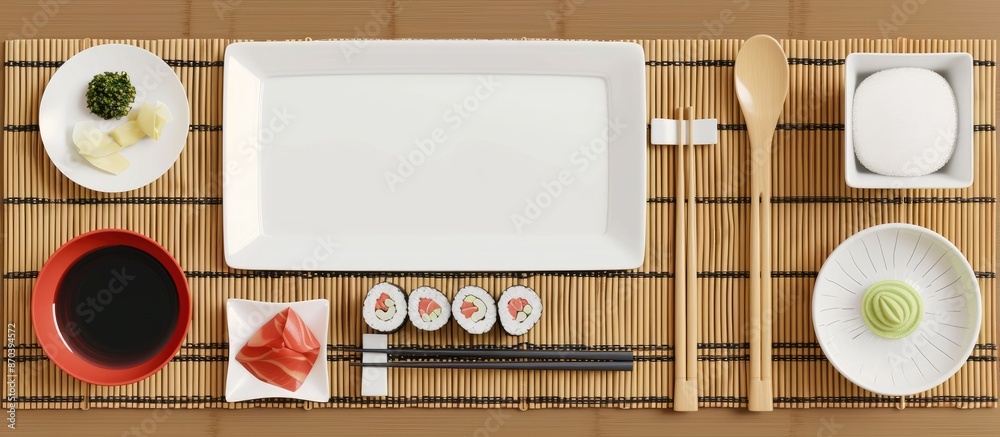 Poster an arrangement of sushi tableware including a rectangular plate, saucer, ginger, wasabi, and chopsti