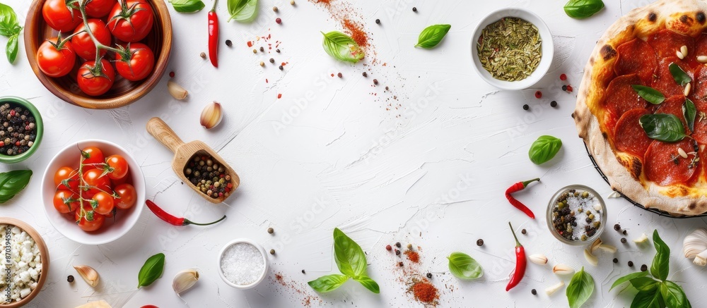 Poster fresh ingredients for making pizza on a white background with copy space image.