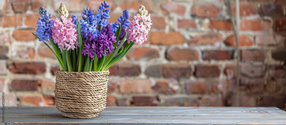 Poster A charming display of hyacinths in a woven pot on a table by a brick wall, with a vacant area for text; ideal for a copy space image.