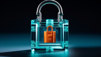 Digital polygonal padlock hologram on blue background with mock up space  security concept