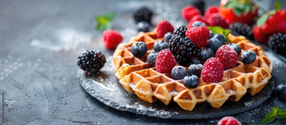 Poster A waffle is created by cooking leavened batter or dough in a patterned press to form its distinctive shape and texture, ideal for a copy space image.