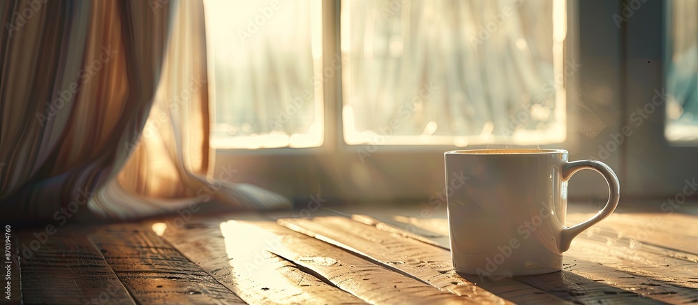 Poster morning sunlight illuminates a white mug of hot coffee on a wooden table with a curtain in the backg