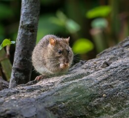 Close-up of a rat eating on a tree trunk in a forest setting against blur background