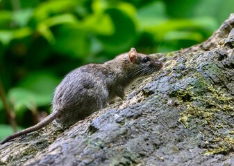 Close-up of a rat sitting on a tree trunk in a forest setting