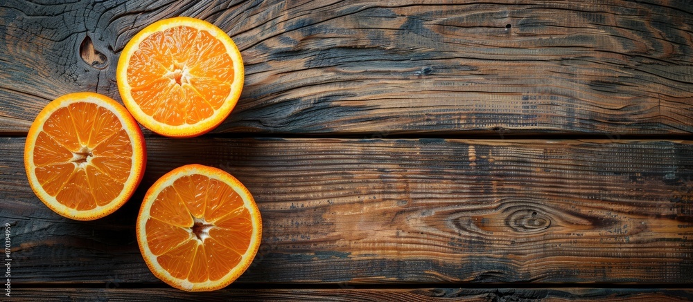 Poster Oranges cut in half displayed on a rustic wooden table with copy space image.