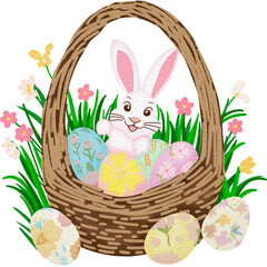 Rabbit with Easter eggs in a basket