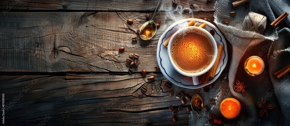 Aufkleber An arrangement of themed items surrounding a steaming cup of coffee on a rustic wooden table, creating an inviting composition with copy space image.