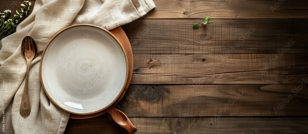 Poster top view of a wooden table set with an empty plate, fork, spoon, and tablecloth, creating a food dis