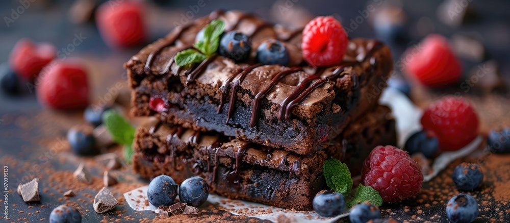 Poster a tempting chocolate brownie with a delightful presentation, perfect for a copy space image.