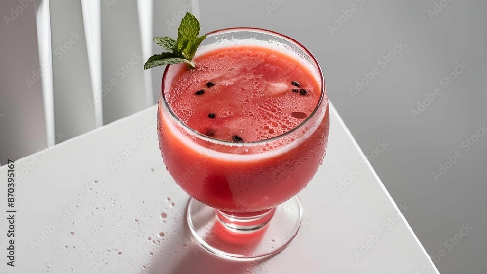 Sticker a refreshing watermelon juice garnished with mint leaves in a glass on a white table.