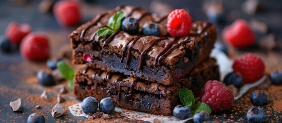 A tempting chocolate brownie with a delightful presentation, perfect for a copy space image.