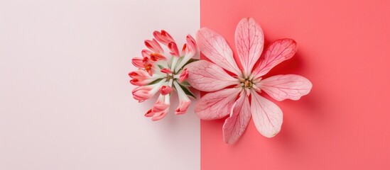 Fototapeta premium Flat lay top-down view of a pink clove flower set against a pink and white background with ample copy space.