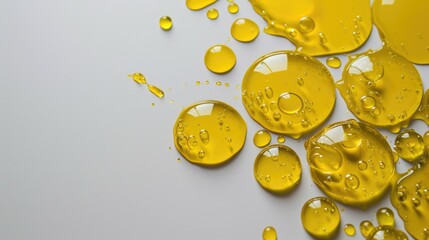 Fototapeta premium A collection of yellow drops of liquid on a white background. The drops are of different sizes and are scattered all over the surface. Concept of playfulness and creativity