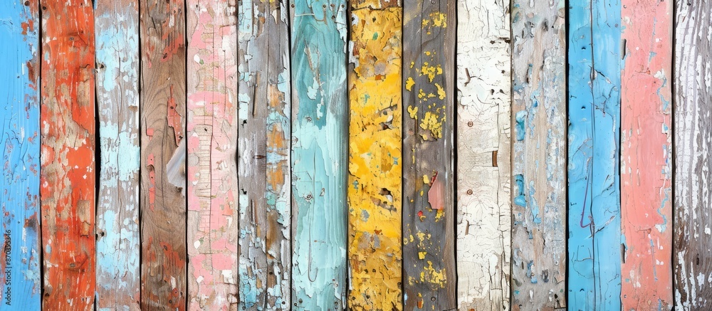 Leinwandbilder weathered wooden fence with peeling paint displaying a variety of colors against a backdrop with cop