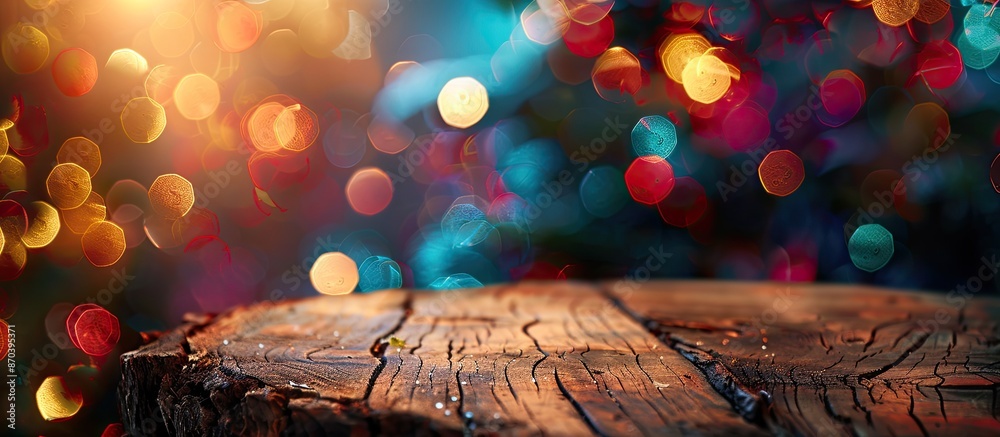 Leinwandbilder product displayed on a log wood tabletop with a colorful bokeh light background, ideal for showcasin