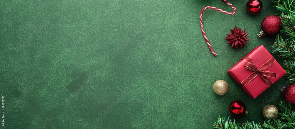 Poster top view of a red gift box and christmas decoration on a green background with copy space image.