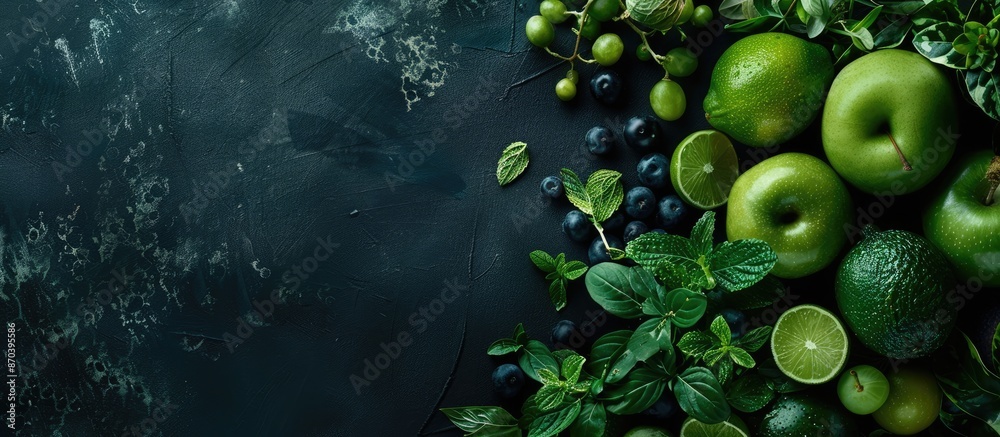 Poster top view of a variety of fresh green produce and fruits on a black backdrop, featuring copy space im