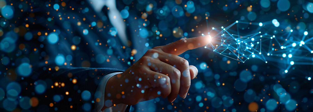 A businessman is touching the structure of business technology on data network to adapt implement new policies and technology to support it effectively,...