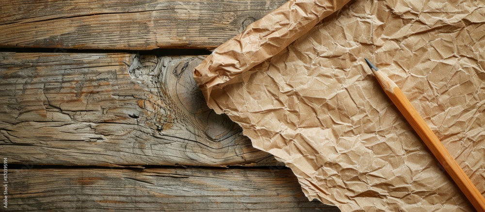 Aufkleber wooden table with crumpled brown paper sheet and pencil, with free space for an image. copy space av