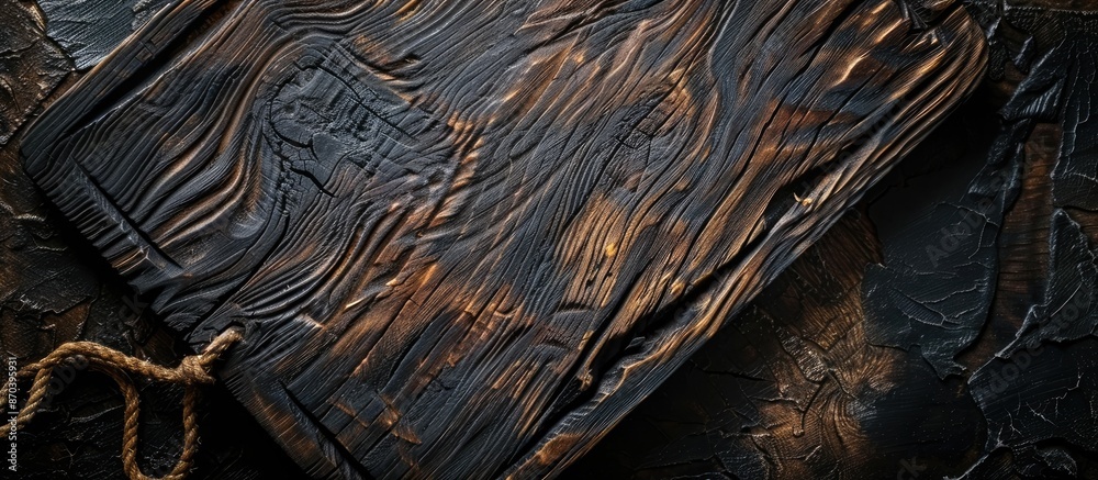 Poster A rustic Russian wooden cutting board with groove structure and cracks, showcasing black and brown hues in various shapes with sharp angles, rope detail, set on a table with copy space image.