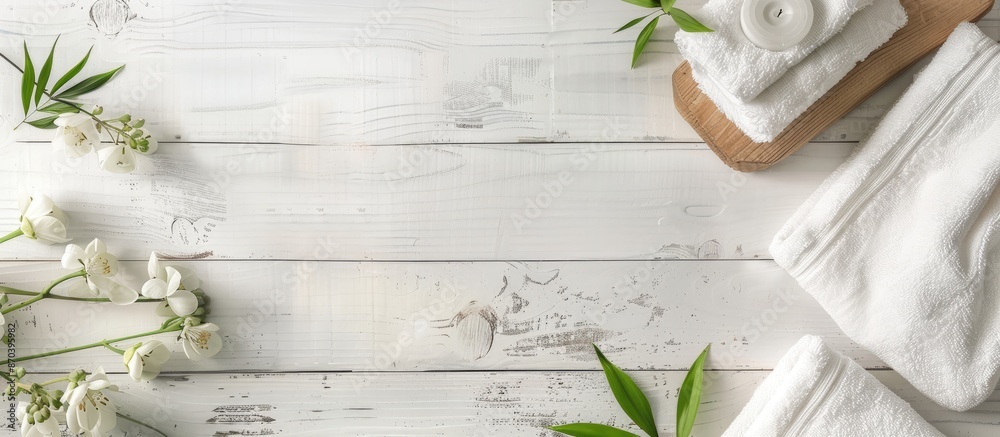 Poster Spa-themed towels displayed on a pristine white wooden table with ample copy space for customization.