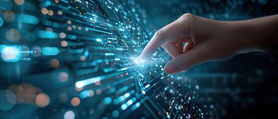 Hand pushing a digital button, close-up, business concept, innovative technology, futuristic interface