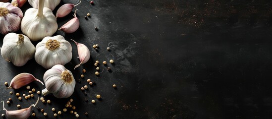 Obraz premium Garlic bulbs are displayed on a dark background with room for text on the right side in the copy space image.