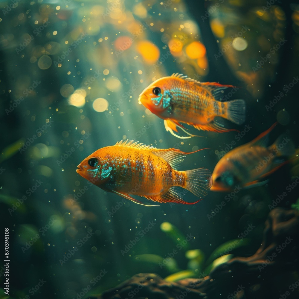 Canvas Prints Three colorful fish swim in a green-lit aquarium. AI.