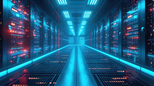 A parallel row of servers, adorned in electric blue, fills a technology-driven data center hallway with a symmetrical display of power and Azure technology. AIG41