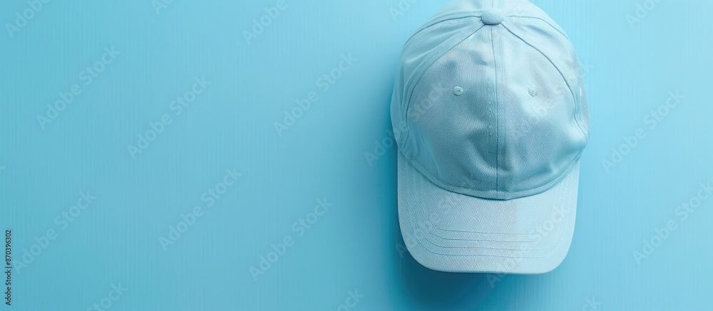 Aufkleber Top view of a baseball cap placed on a light blue surface with space available for text in the image. copy space available