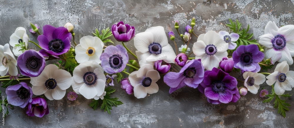 Poster an arrangement of anemones on a gray stone backdrop with white, purple, and violet blooms. includes 