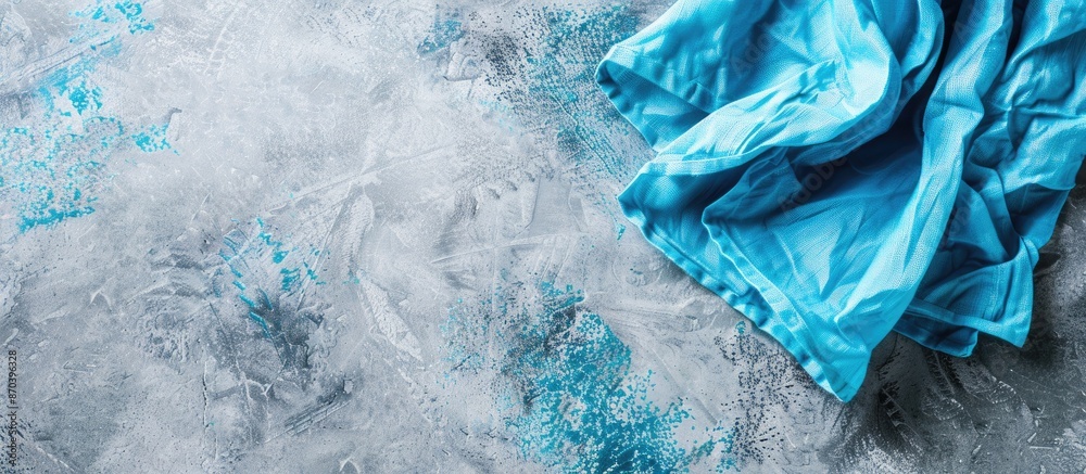 Poster minimal style top view of blue kitchen napkin folded on a table surface, providing a copy space imag