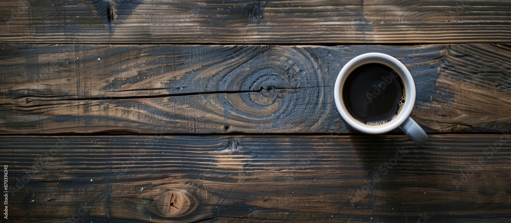 Poster a dark cup of coffee on a wooden table with a rustic design, perfect for a copy space image.