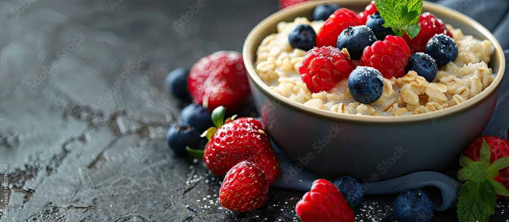 Poster healthy breakfast concept featuring oatmeal porridge with fresh berries and strawberries with a sele