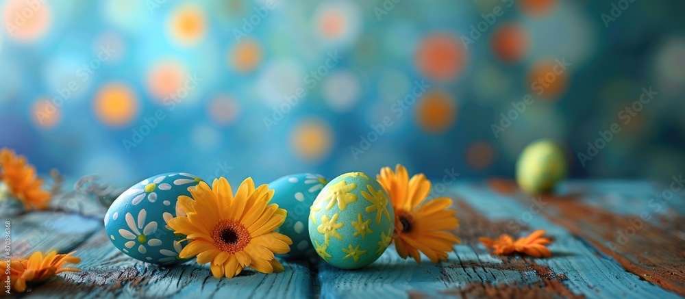 Poster easter-themed decorations like painted eggs and flowers on a wooden surface create a charming greeti
