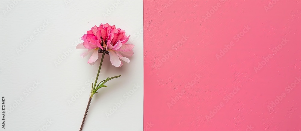 Poster flat lay top-down view of a pink clove flower set against a pink and white background with ample cop