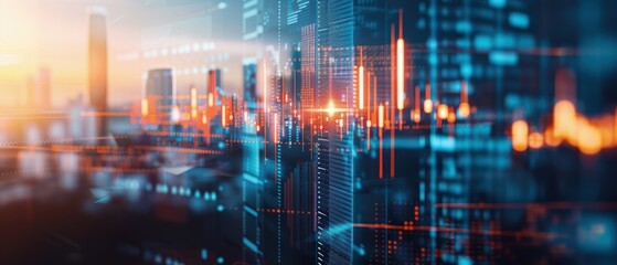 Naklejka premium Entrepreneurial vision, cityscape and financial graphs overlay, tech innovation