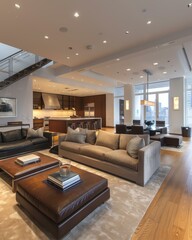 Fototapeta premium Luxurious living room with modern furniture and a stunning view of the city. AI.