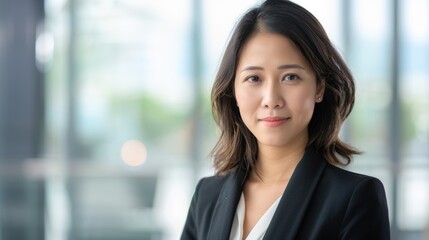 Elegant portrait of a beautiful Asian businesswoman, business look, contemporary office, poised demeanor