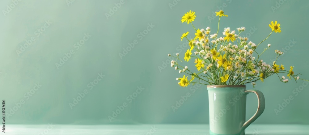 Poster A vibrant display of yellow flowers in a mug against a soft green backdrop with text and ample copy space image.