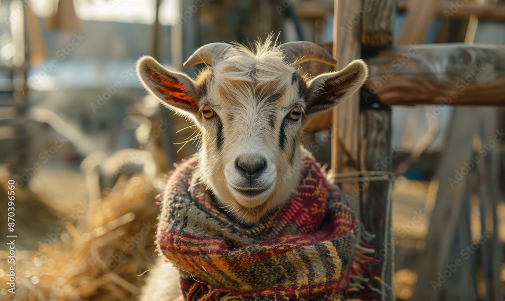 Poster A goat wearing a scarf is looking at the camera. AI.