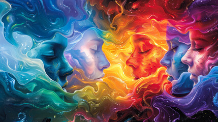 Colorful abstract faces blending into cosmic swirls