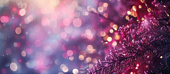 Purple or pink festive bokeh background with abstract fairy lights decor, ideal for festive greeting cards and wedding party decoration, featuring a soft defocused effect and ample copy space image.