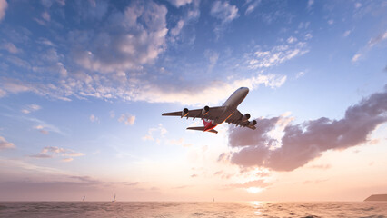 3D rendering. The plane comes in for landing while flying over the beach 