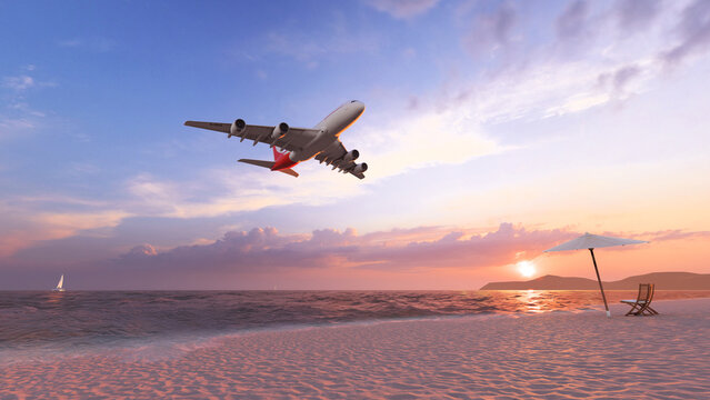 3D rendering. The plane comes in for landing while flying over the beach with an umbrella and a sun lounger.	