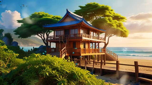 wooden house with thatched roof in asian style with beach background in anime style, in smooth looping background with 4K vidio animation.
