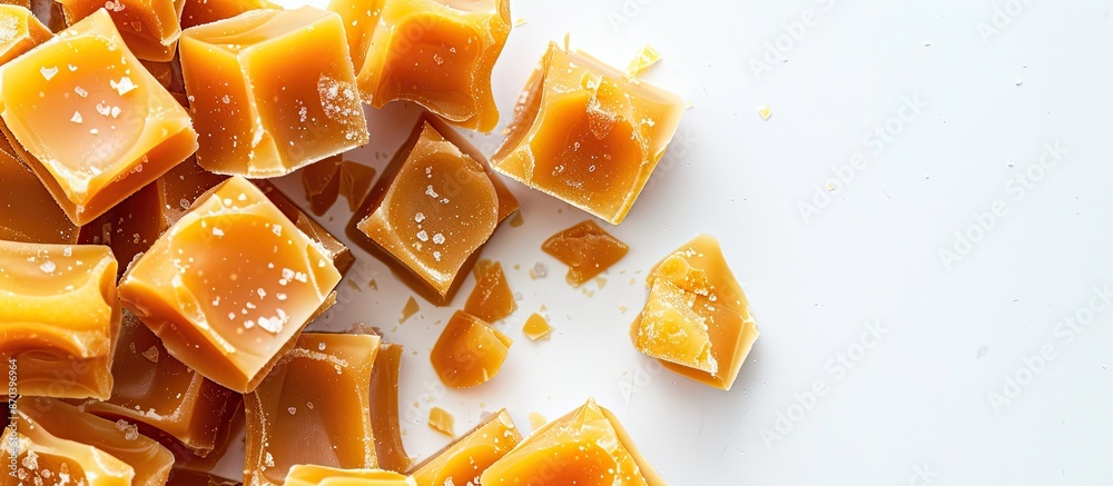 Poster golden butterscotch toffee candy with copy space image on white background.