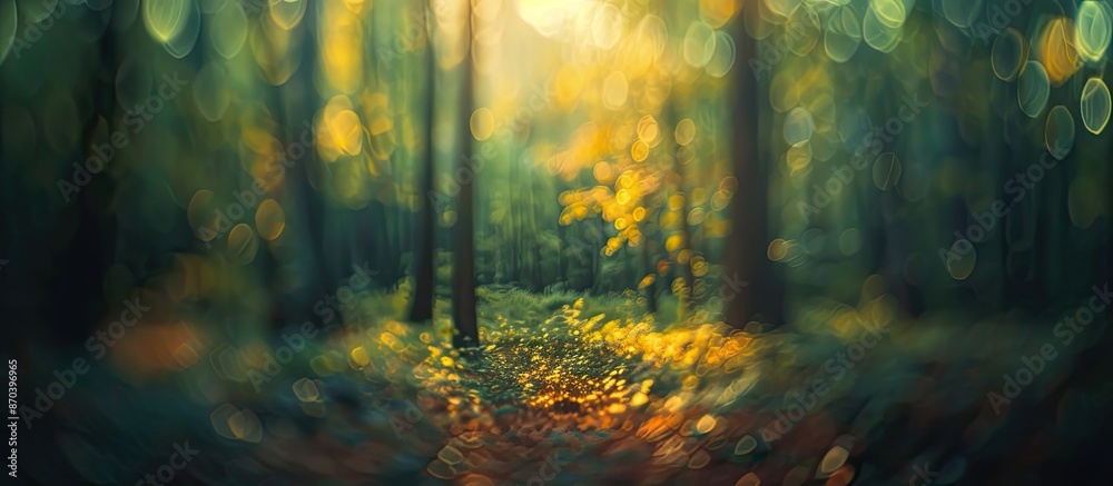 Poster forest trees and leaves with sunlight create a dreamy blur. captured in a forest, forming a captivat