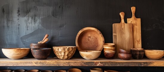 Rustic kitchen utensils like wooden bowls and cutting boards arranged on a wooden shelf with a black wall in the background providing a textured backdrop for the display with copy space image.